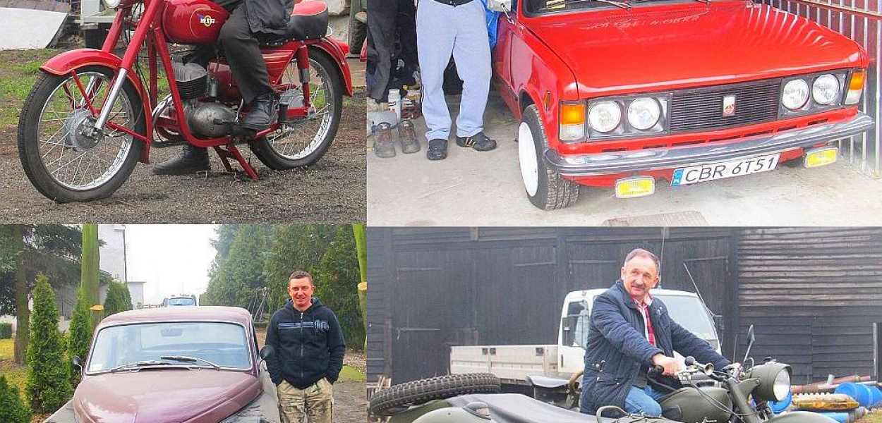Foto (OFCE): Na górze po lewej na motocyklu WSK Ryszard Szczepański, a po prawej przed fiatem 125 p Paweł Siedlecki. Na dole po lewej przed warszawą Waldemar Szczepański, a obok na motocyklu Ural Jan Kowalski