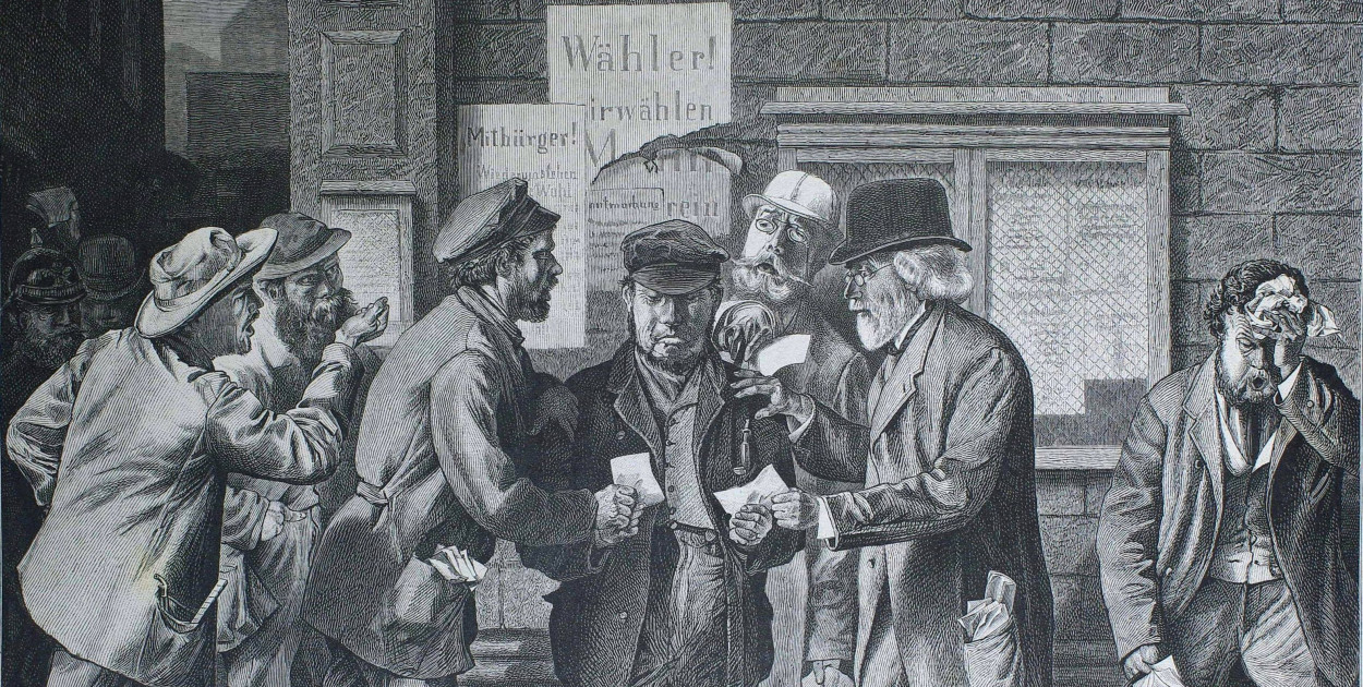 Pruska karykatura z XIX w.; agitatorzy rozdzielają ulotki przedwyborcze