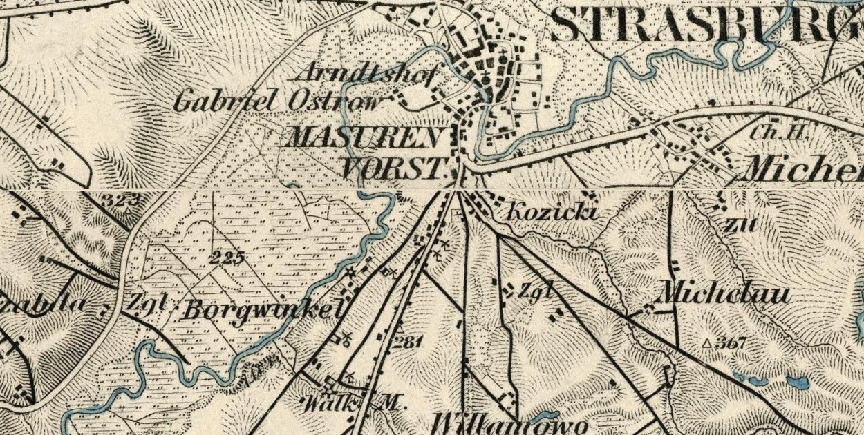 Mapa okolic Brodnicy (Strasburg) z 1892 roku. Na Świniokątach (Borgwinkel) zaznaczono cztery wiatraki typu „koźlak” i jeden murowany typu „holender”